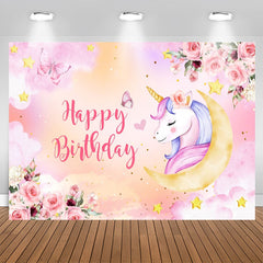 Aperturee - Unicorn Pink Floral Butterfly Girl Birthday Backdrop