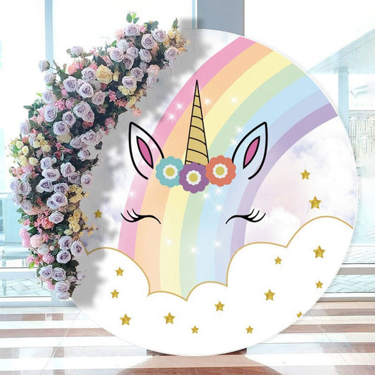 Aperturee - Unicorn With Rainbow And Star Round Birthday Backdrop