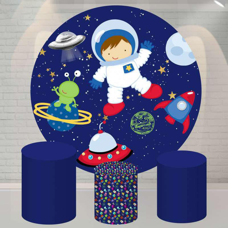 Aperturee Universe Astronaut Round Happy Birthday Backdrop For Boy