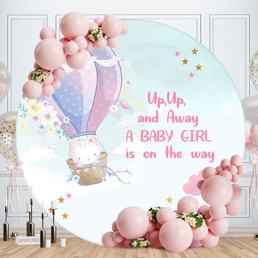 Aperturee - Up And Away Balloon Cat Round Baby Shower Backdrop