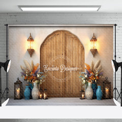 Aperturee - Vase Plant Lights Wood Door Boho Photo Backdrop