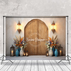 Aperturee - Vase Plant Lights Wood Door Boho Photo Backdrop