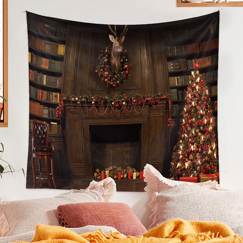 Aperturee - Vintage Bookshelf Deer Wreath Christmas Backdrop