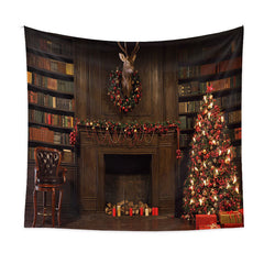 Aperturee - Vintage Bookshelf Deer Wreath Christmas Backdrop
