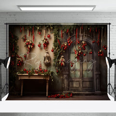 Aperturee - Vintage Door Red Ball Christmas Photoshoot Backdrop