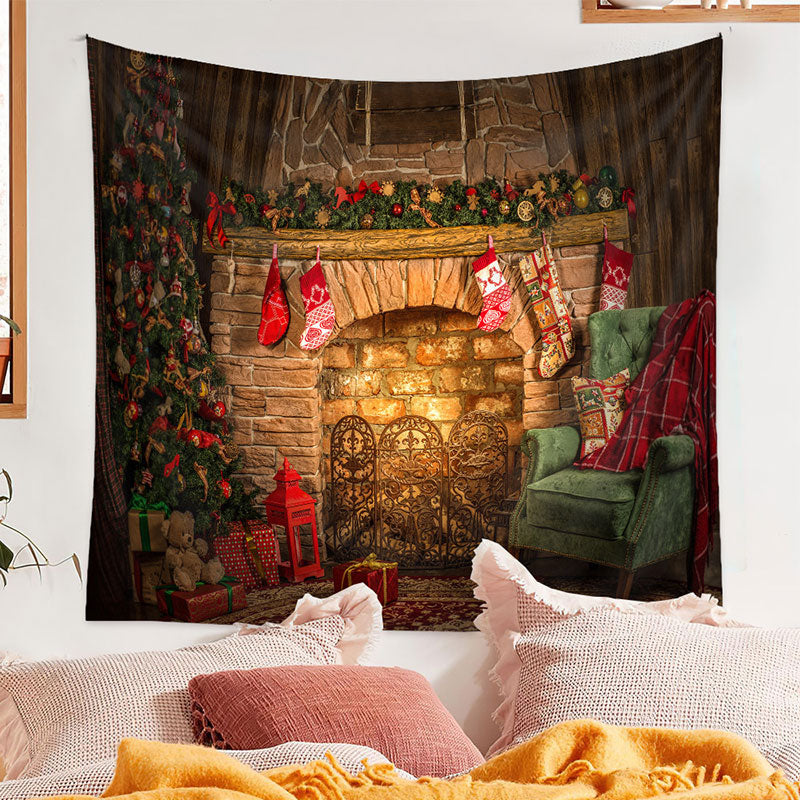 Aperturee - Vintage Fireplace Green Sofa Christmas Backdrop