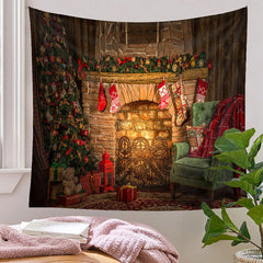 Aperturee - Vintage Fireplace Green Sofa Christmas Backdrop