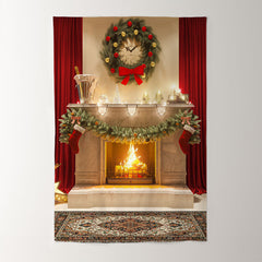 Aperturee - Vintage Fireplace Red Bow Curtain Christmas Backdrop