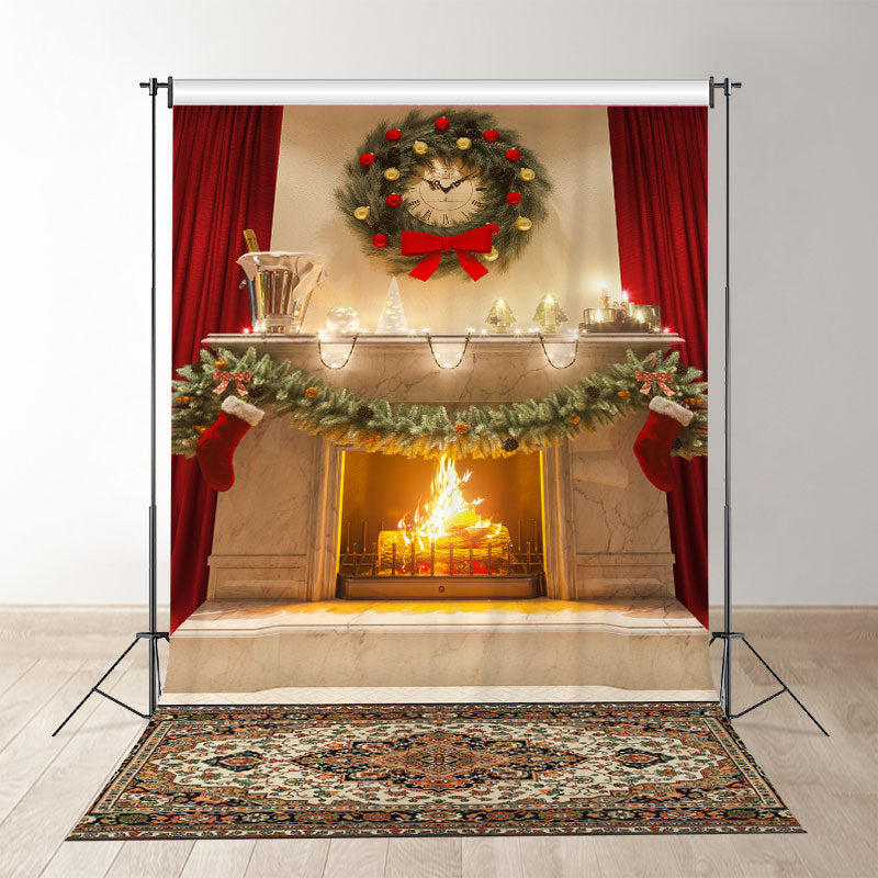 Aperturee - Vintage Fireplace Red Bow Curtain Christmas Backdrop