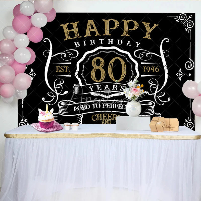Aperturee - Vintage Gold Black Perfection 80th Birthday Backdrop