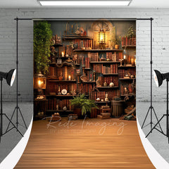 Aperturee - Vintage Light Bookshelf Wood Back To School Backdrop