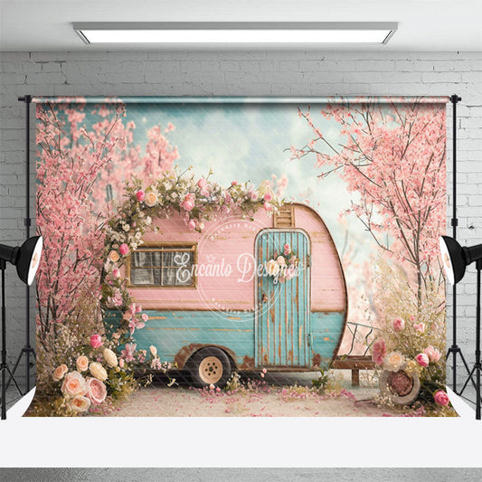 Aperturee - Vintage Pink Blue RV Peach Flower Spring Backdrop