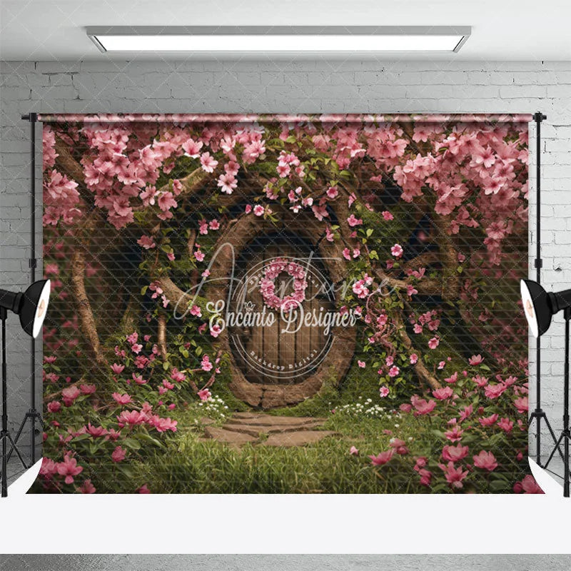 Aperturee - Vintage Wooden Door Pink Flowers Tree Photo Backdrop