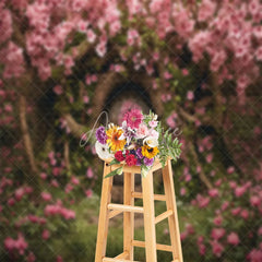 Aperturee - Vintage Wooden Door Pink Flowers Tree Photo Backdrop