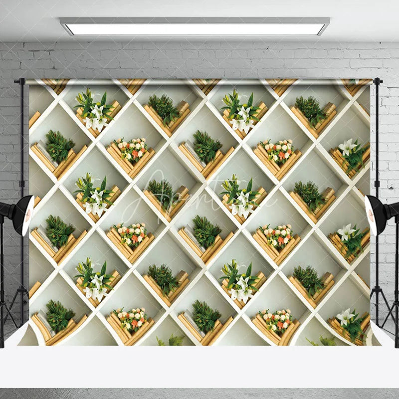 Aperturee - Wall Grid Green Plants Flowers Books Photo Backdrop