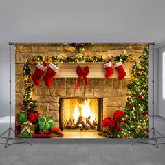 Aperturee - Warm Fireplace Brick Red Bow Christmas Backdrop