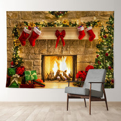 Aperturee - Warm Fireplace Brick Red Bow Christmas Backdrop