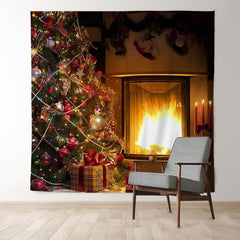 Aperturee - Warm Fireplace Christmas Tree Holiday Backdrop For Photo