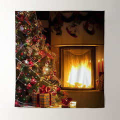 Aperturee - Warm Fireplace Christmas Tree Holiday Backdrop For Photo