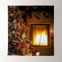 Aperturee - Warm Fireplace Christmas Tree Holiday Backdrop For Photo