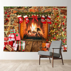 Aperturee - Warm Fireplace With Gift Stock Christmas Backdrop