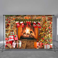 Aperturee - Warm Fireplace With Gift Stock Christmas Backdrop