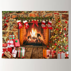 Aperturee - Warm Fireplace With Gift Stock Christmas Backdrop