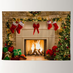 Aperturee - Warm White Fireplace Red Bow Christmas Backdrop