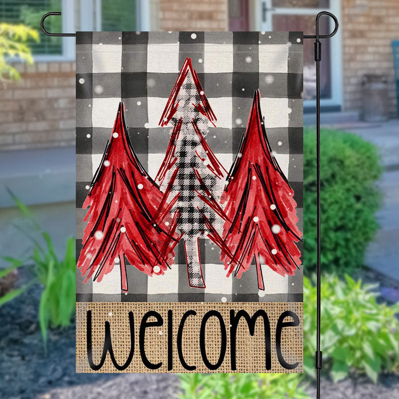 Aperturee - Welcome Pine Trees Checkered Christmas Garden Flag