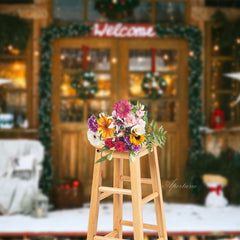 Aperturee - Welcome Wooden Door Store Snowy Christmas Backdrop