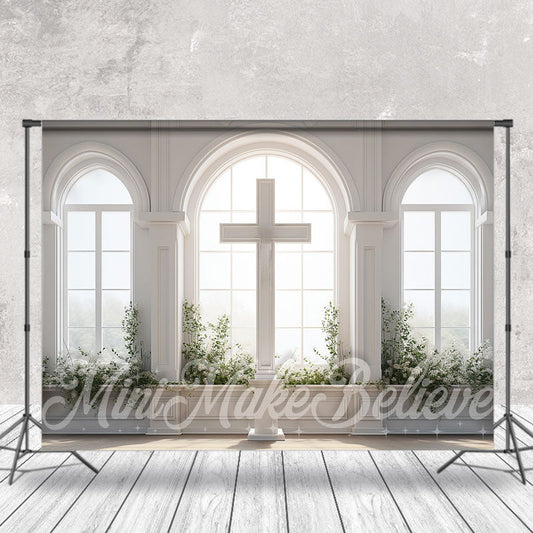 Aperturee - White Arched Window Cross Easter Photo Backdrop