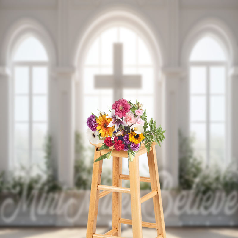 Aperturee - White Arched Window Cross Easter Photo Backdrop