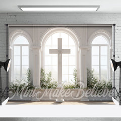 Aperturee - White Arched Window Cross Easter Photo Backdrop