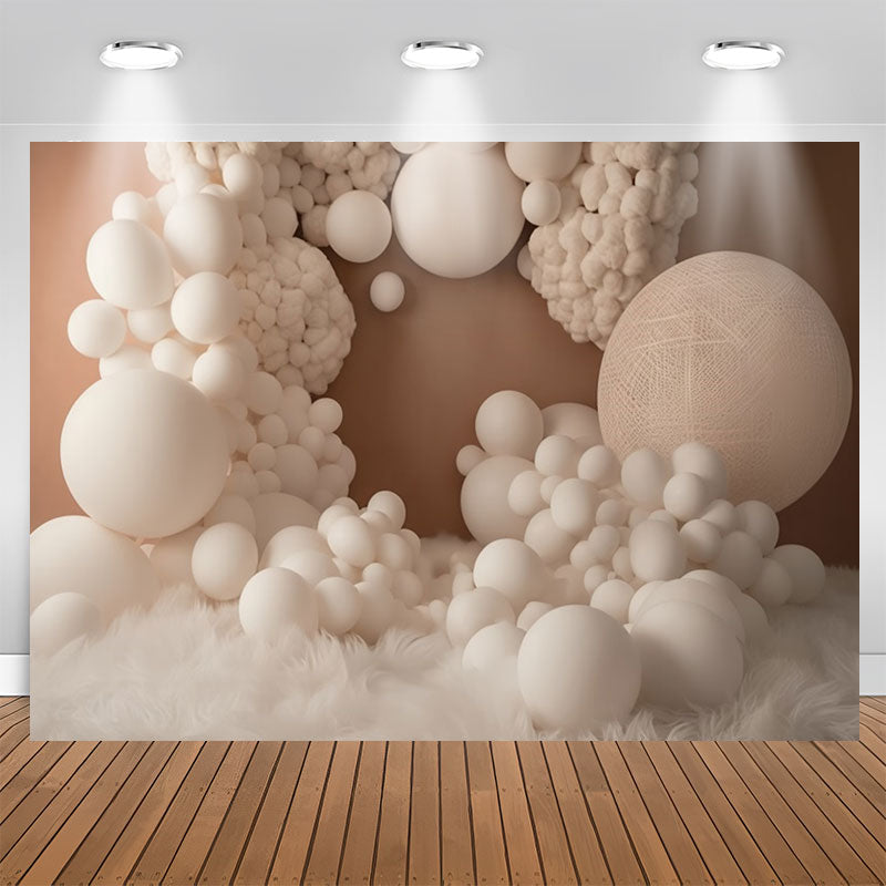 Aperturee - White Balloons And Feather Beige Birthday Backdrop