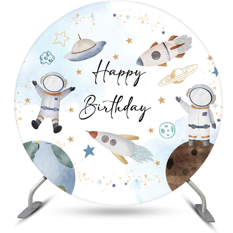 Aperturee - White Blue Astronanut Galaxy Round Birthday Backdrop