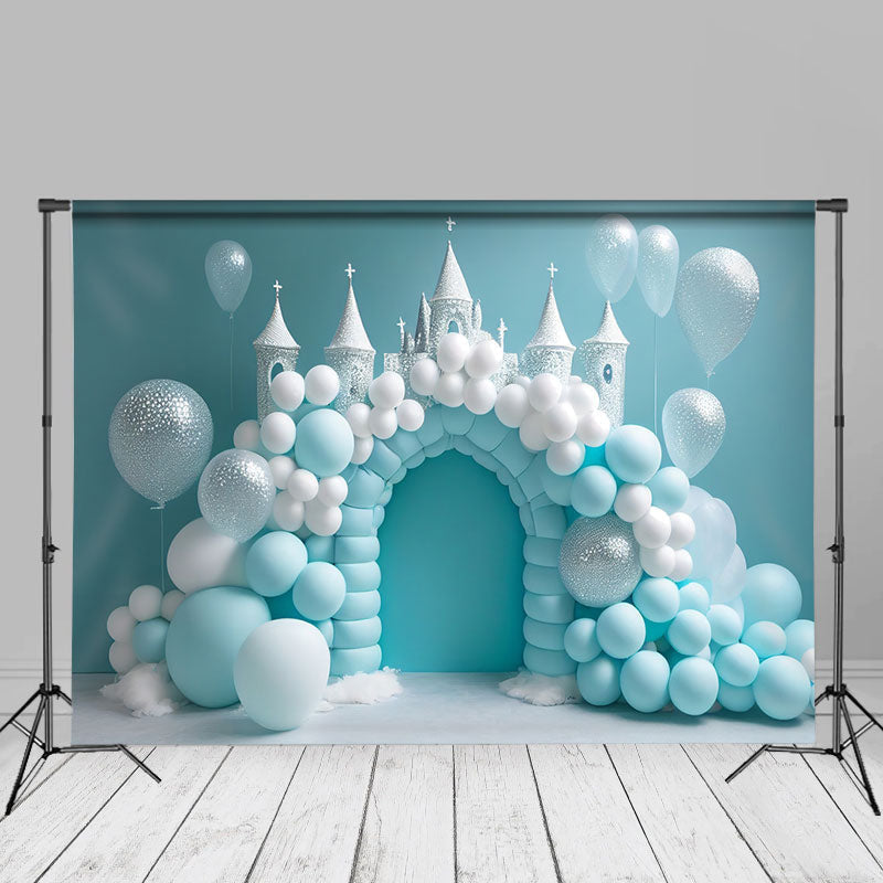 Aperturee - White Blue Balloon Castle Birthday Cake Smash Backdrop