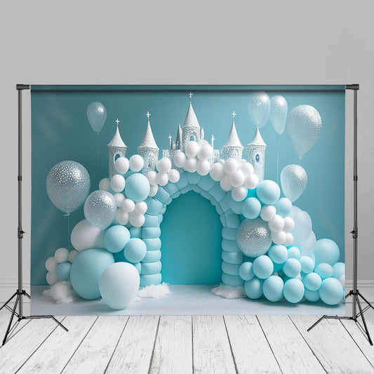 Aperturee - White Blue Balloon Castle Birthday Cake Smash Backdrop