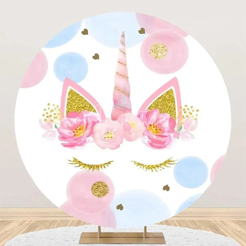 Aperturee - White Blue Pink Gold Unicorn Round Birthday Backdrop