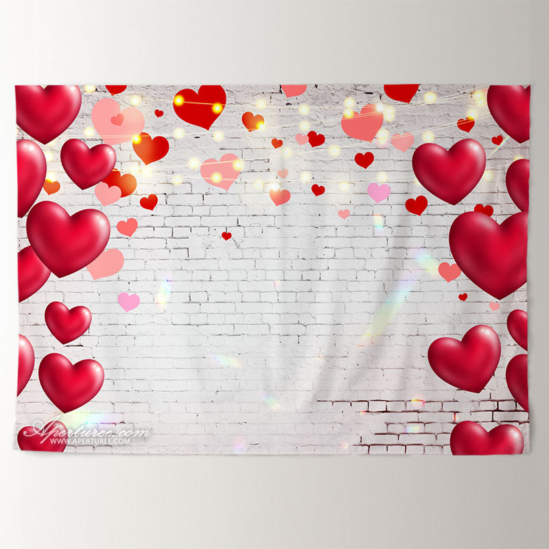 Aperturee - White Brick Red Heart Happy Valentines Backdrop