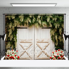 Aperturee - White Creeper Flowers Wooden Door Spring Backdrop