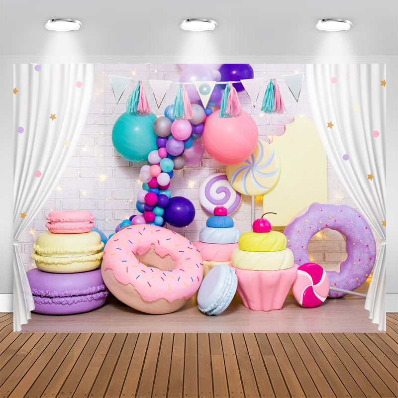 Aperturee - White Curtain Color Balloon Donut Macaron Backdrop