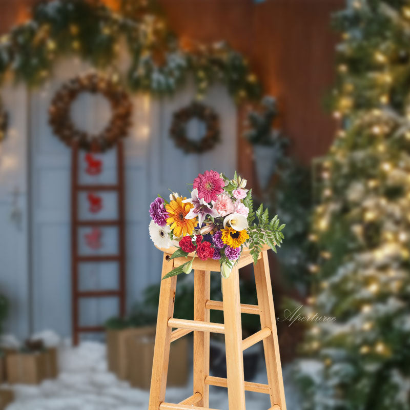Aperturee - White Door Tree Wreath Christmas Photo Backdrop