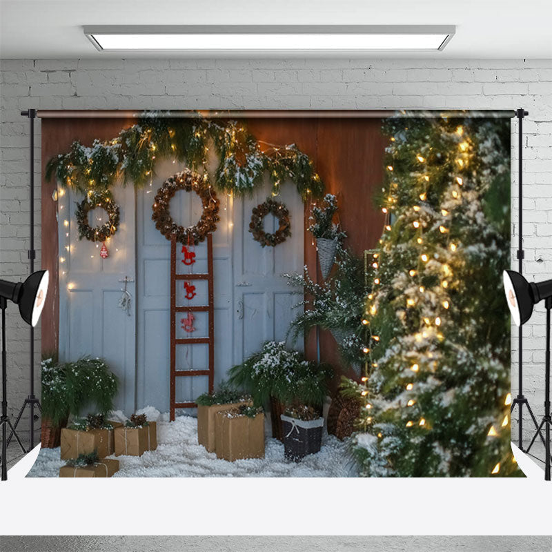 Aperturee - White Door Tree Wreath Christmas Photo Backdrop
