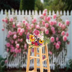 Aperturee - White Fence Pink Flowers Garden Backdrop For Photo