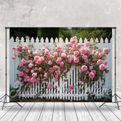 Aperturee - White Fence Pink Flowers Garden Backdrop For Photo