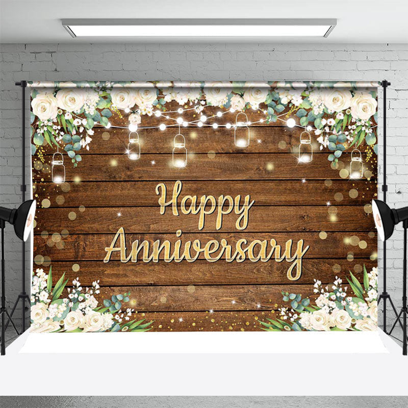 Aperturee - White Floral Brown Wood Bokeh Anniversary Backdrop