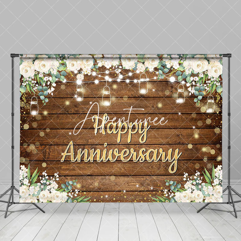 Aperturee - White Floral Brown Wood Bokeh Anniversary Backdrop