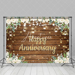 Aperturee - White Floral Brown Wood Bokeh Anniversary Backdrop