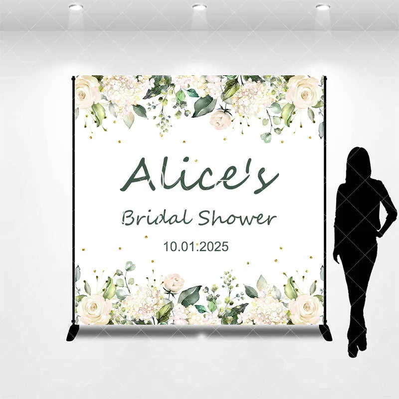 Aperturee - White Floral Leaf Custom Name Bridal Shower Backdrop