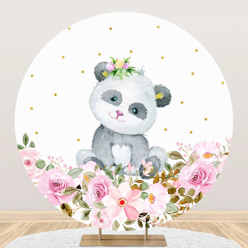 Aperturee - White Floral Panda Round Baby Shower Party Backdrop